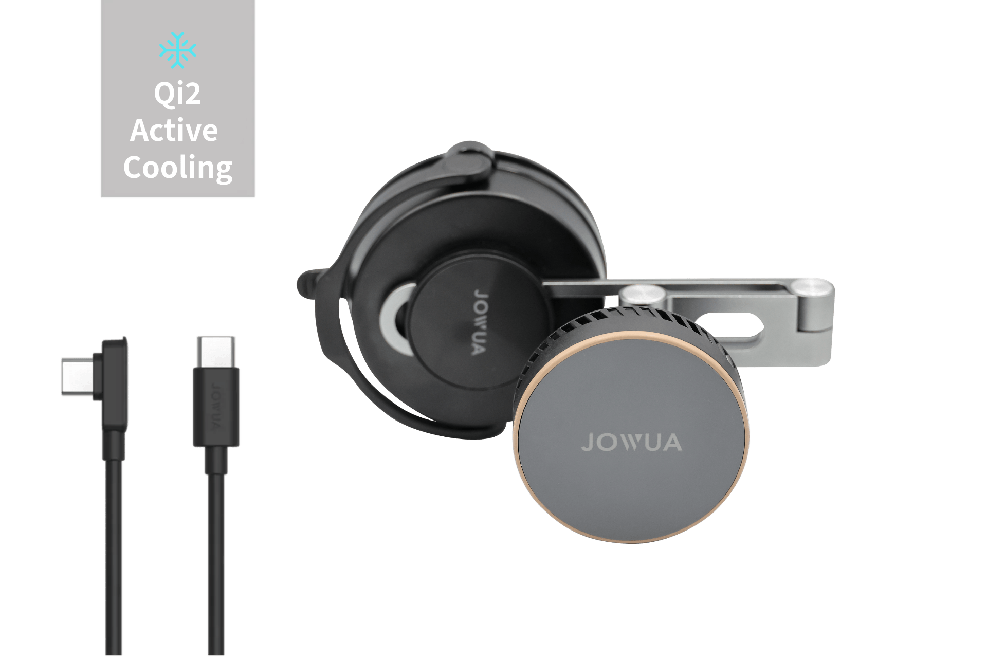 The JOWUA Active Cooling 6D Tesla Compatible Invisible Foldaway Car Mount Qi2 Wireless Charger (MagSafe) is shown with a USB-C cable and mounting bracket, labeled "Qi2 Active Cooling," on a light gray background.
