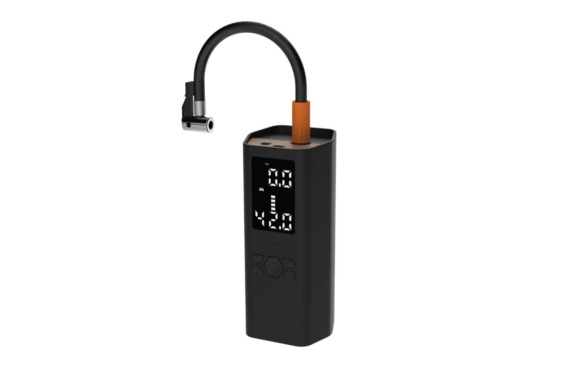 The JOWUA 100W Portable Air Compressor for Tesla is a sleek, black, handheld device with fast inflation and a flexible hose. Featuring a digital display, it's perfect for ensuring your electric vehicle's tires are always precisely inflated.