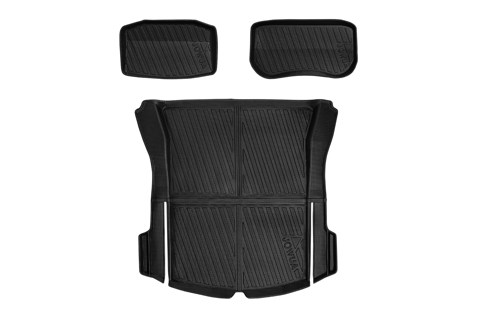 JOWUA Model 3 (2024+ Highland) All-Weather Trunk Liners set with textured surfaces. Includes one large rear mat and two front mats, all embossed with the JOWUA brand.