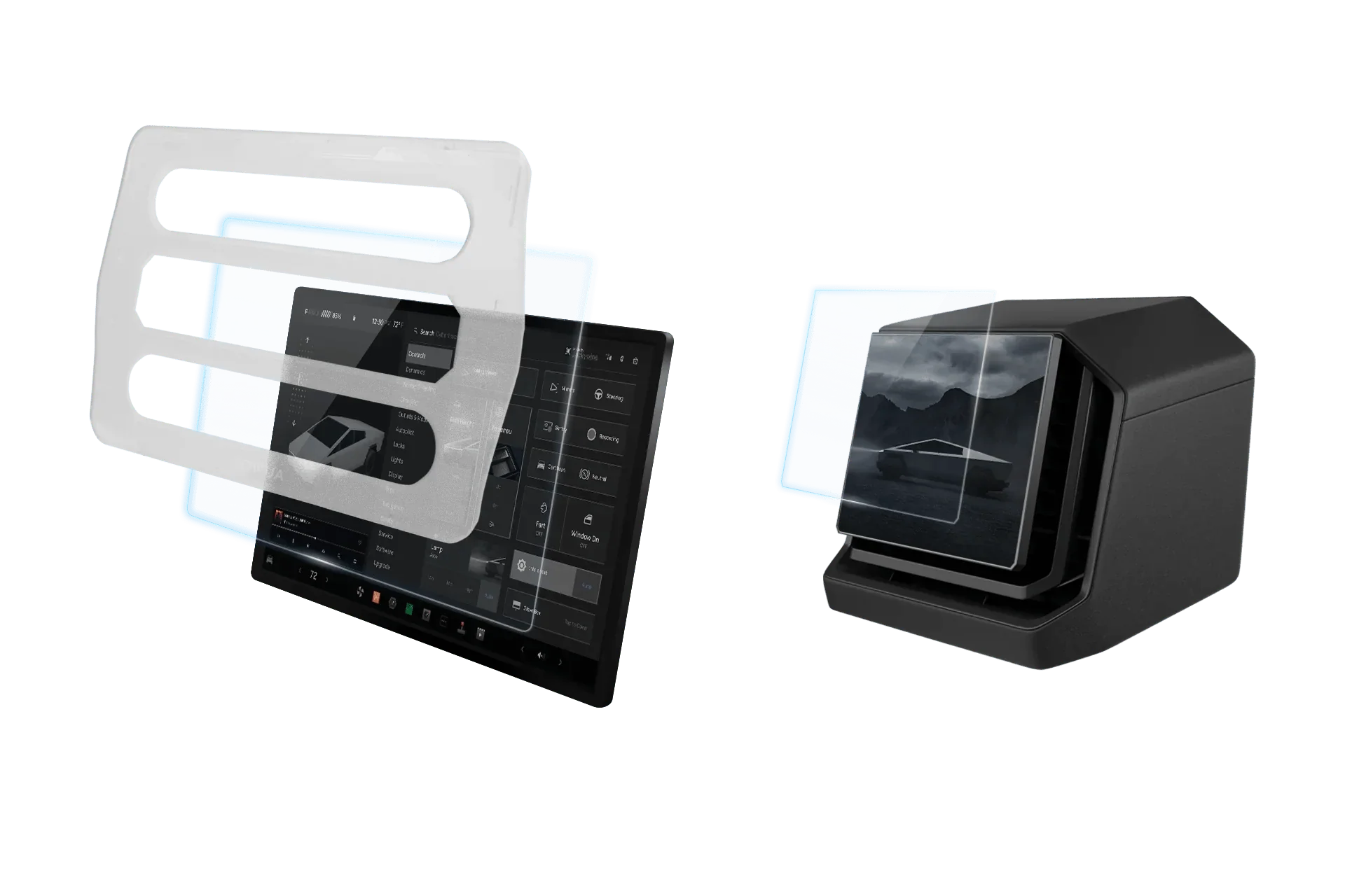 Two JOWUA Tempered Glass Screen Protectors for Cybertruck—one large, one small—float above each touchscreen display; both feature a matte anti-glare finish against a plain white background.