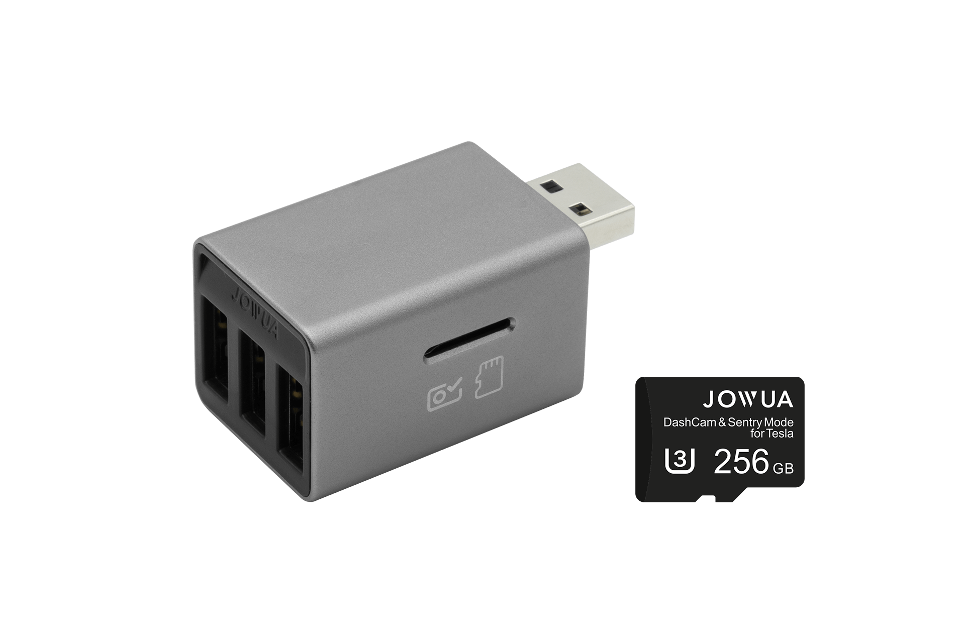 A sleek gray 3 Port USB HUB with DashCam Reader sits beside a black JOWUA 256GB memory card. This Tesla USB hub, offering HiSpeed USB connectivity, includes icons of a camera and a storage symbol for versatile utility.