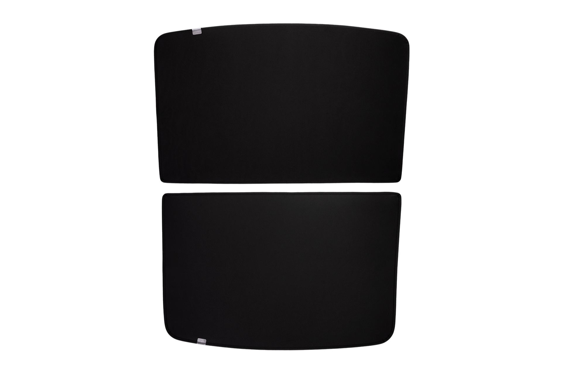 The JOWUA Model Y (Juniper 2025+) Glass Roof Sunshade features two dark-tinted, rectangular panels with curved edges, stacked vertically against a black background for UV protection and improved interior cooling.
