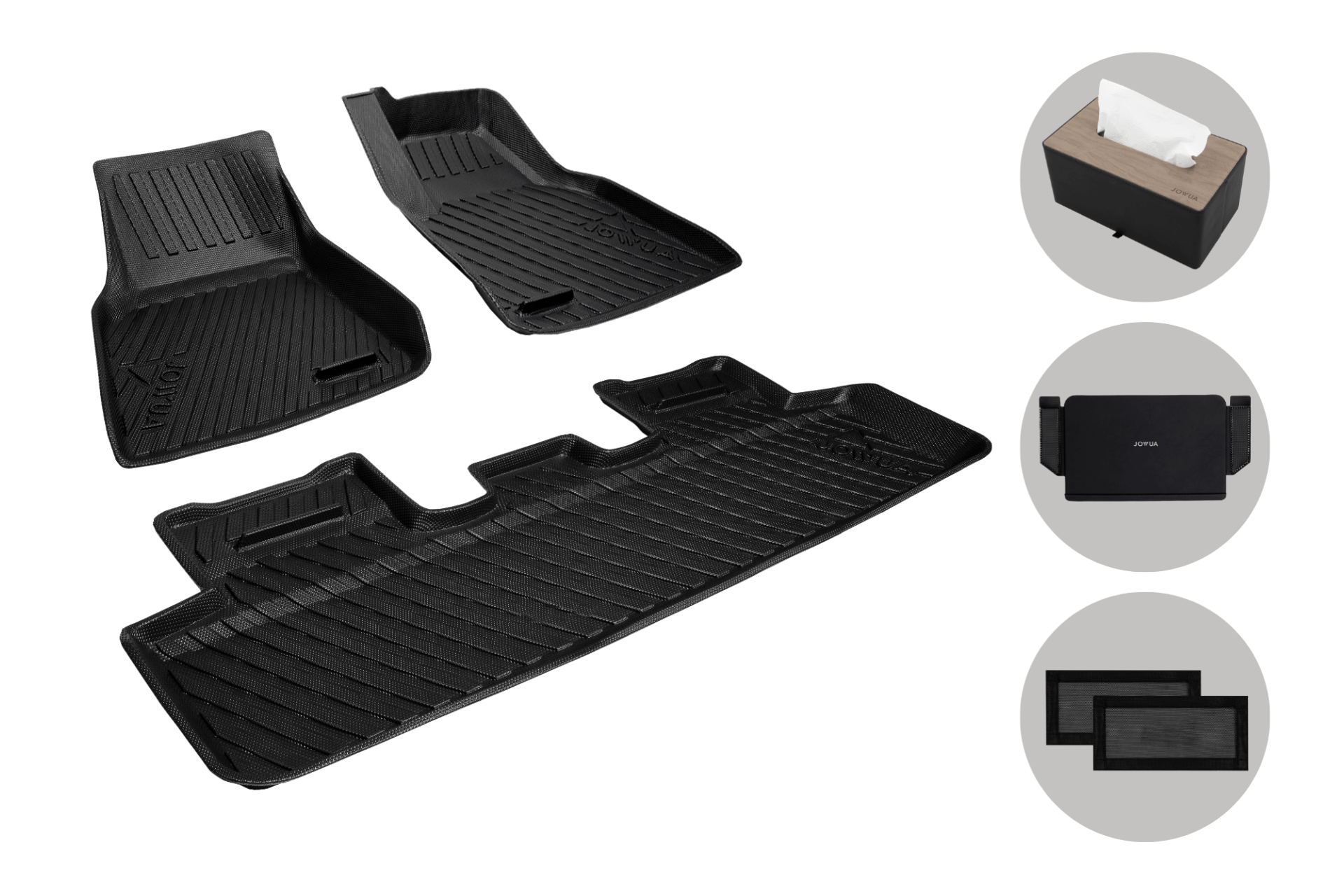 On the left, JOWUA Model Y All-Weather Floor Liners Combo (Juniper/RHD) and on the right, three round images show a tissue box, storage box with patented holder, and two car window shades—versatile Tesla Model Y accessories.