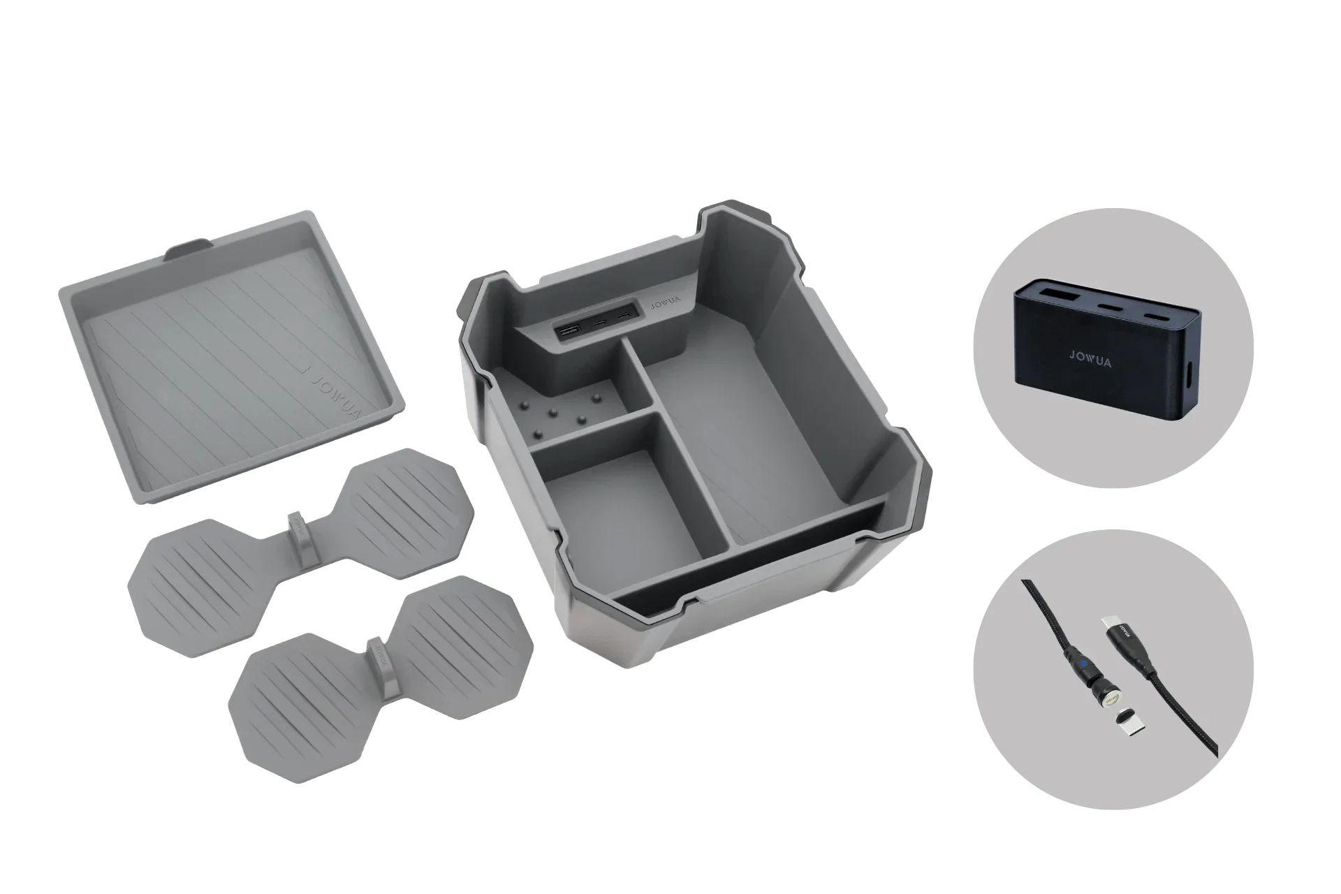 The JOWUA Center Console Set for Tesla Cybertruck, including a gray storage box with lid, two silicone coasters, a black USB-C power hub, and a USB-A to USB-C cable, is displayed separately on a white background.