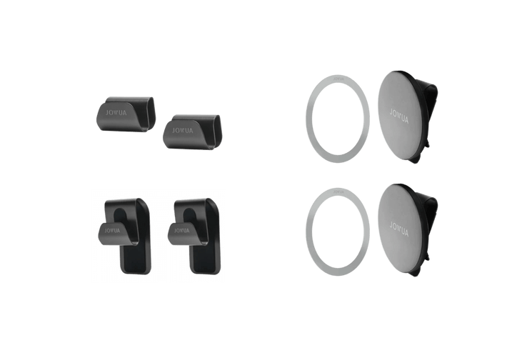 Four pairs of JOWUA Hook Bundle (Model S/X/3 2024+/Y Juniper 2025+) black and gray magnetic phone mounts, each with a unique design, are displayed on a transparent background for easy car or home installation.