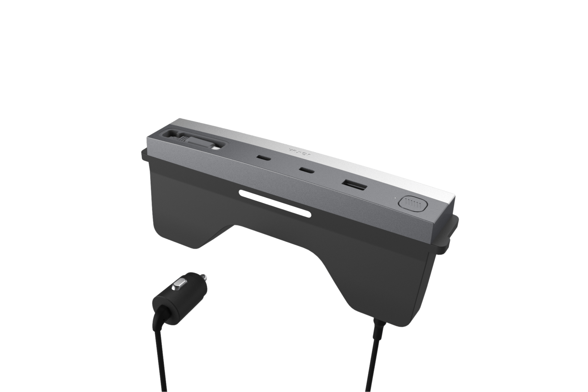 The JOWUA 130W LED Hub for Tesla Model Y Juniper 2025+ / Model 3 2024+ is a black and silver console device with multiple USB ports, a power button, and an attached car charger—an ideal accessory for your Tesla.