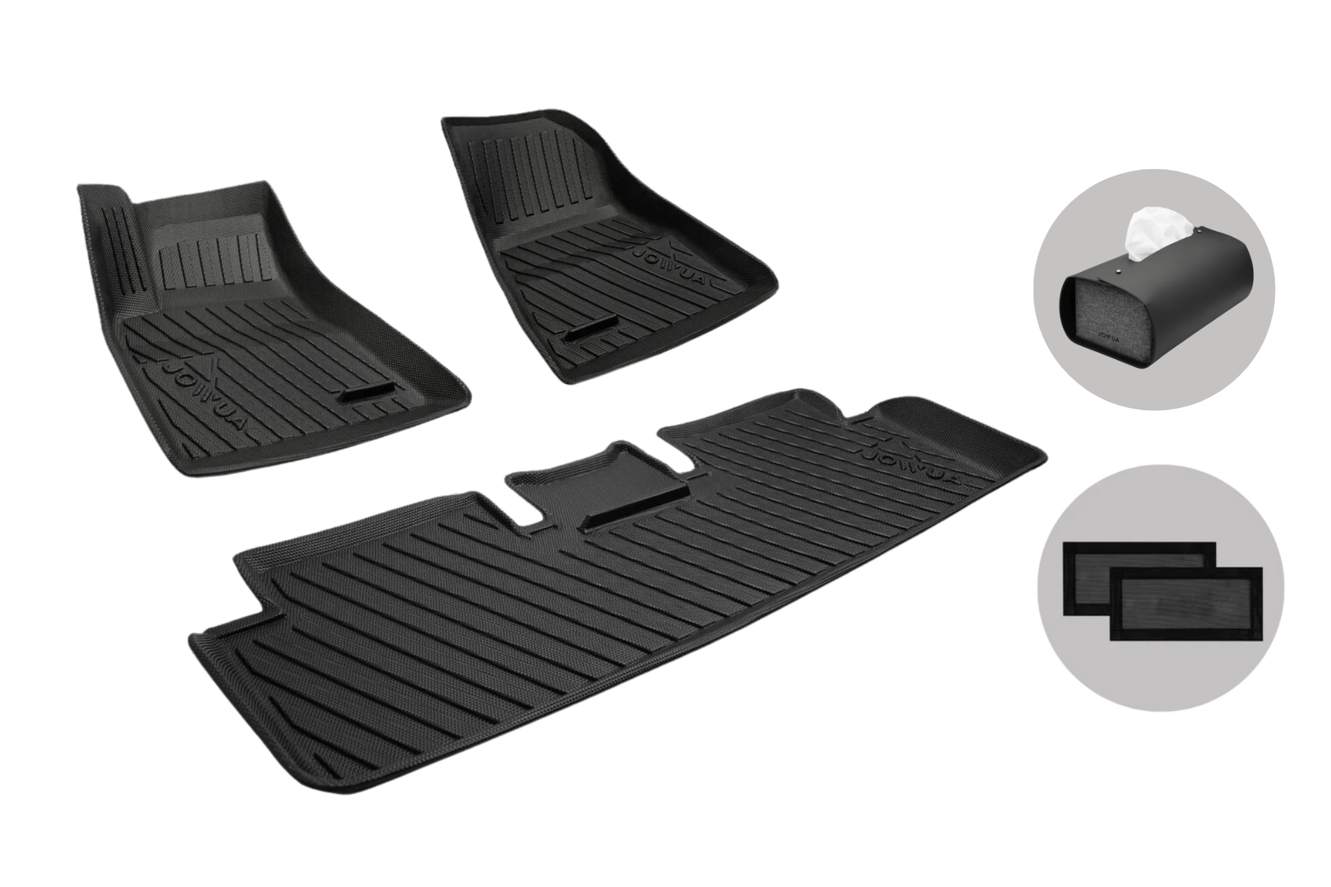 JOWUA Model 3 Highland 2024+ All-Weather Floor Liners (Right Hand Drive) in black are custom-fit for front and rear seats. Insets display mat texture, a rolled-up liner, and two rectangular filter inserts on a gray background.