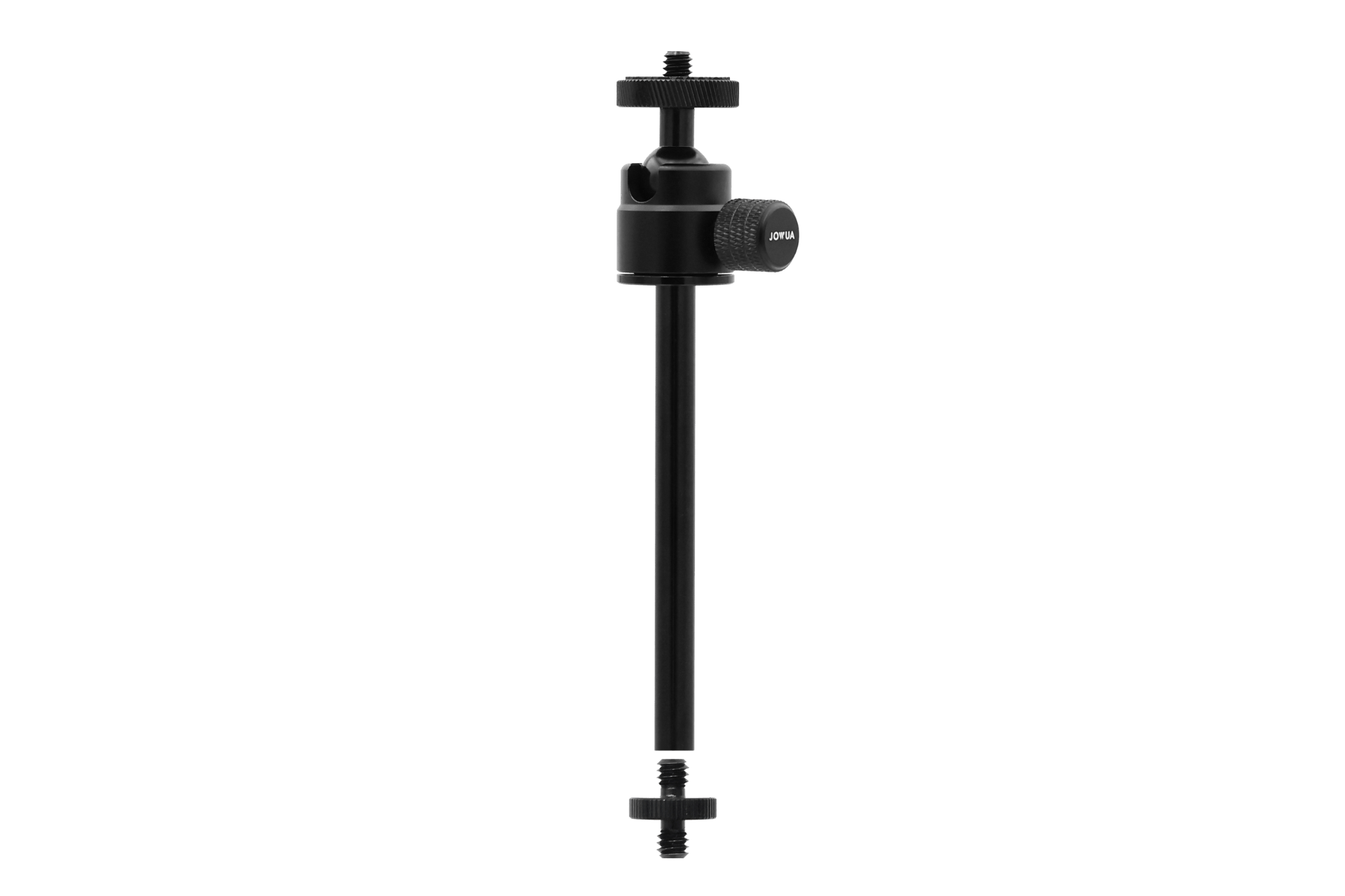The JOWUA 360° Multi Function Mount is a black adjustable rod with screw attachments at both ends, a central tightening knob, and a 360° adjustable ball head—perfect for securing cameras or lights.
