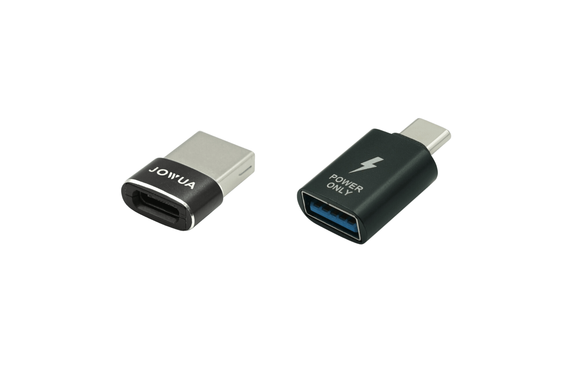 The JOWUA Apple Watch Tesla Charging Kit includes a USB-C male-to-female adapter for Power Delivery and a USB-C to USB-A “POWER ONLY” adapter with a lightning bolt, ideal for Apple Watch charging.