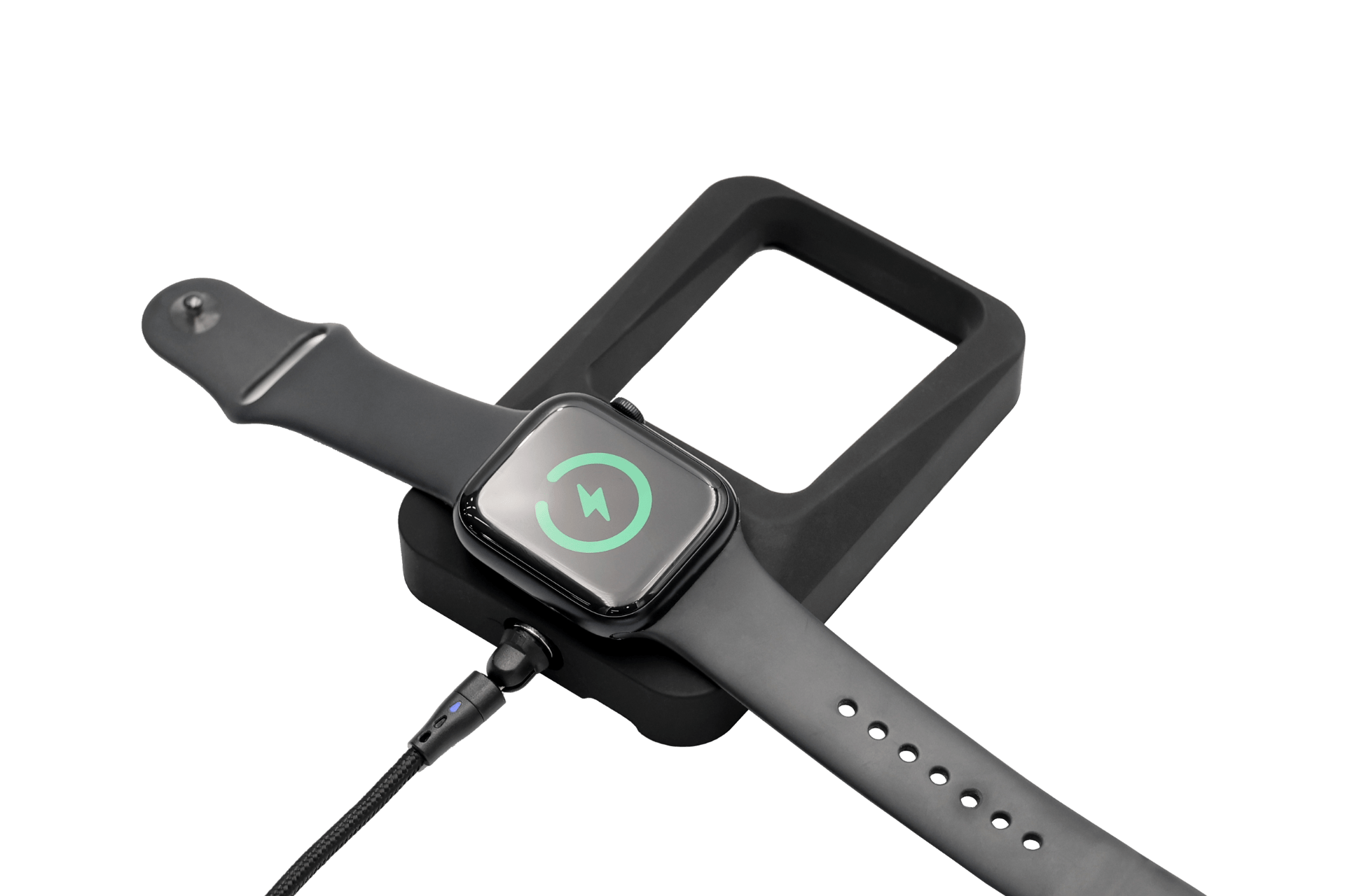 A black smartwatch sits on the JOWUA Power Dock Combo—Apple Accessory Charger for Tesla—with a charging cable attached. The watch shows a green charging icon, all set against a plain white background for a sleek, modern look.