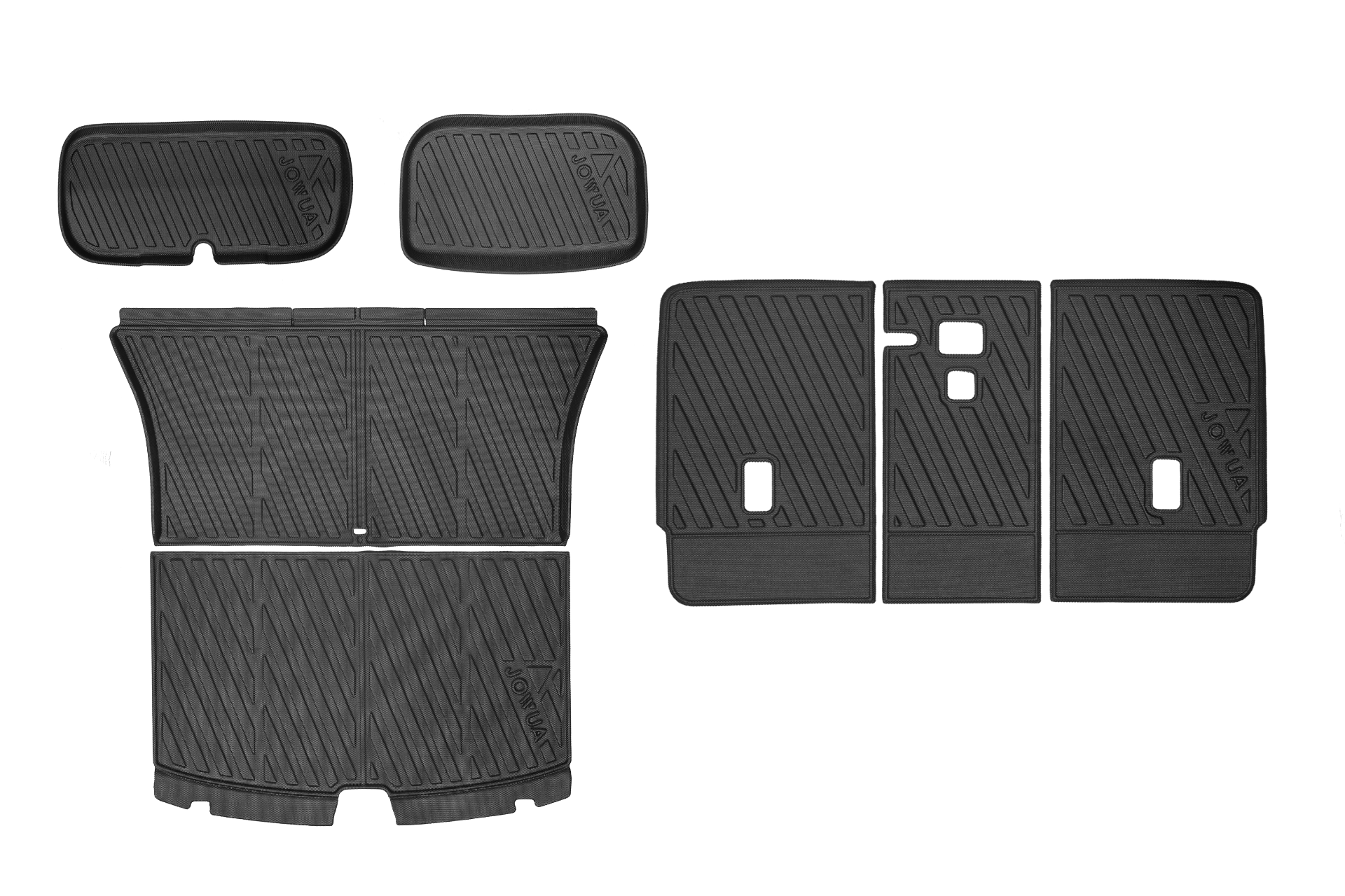The JOWUA Model Y (Juniper 2025+) EasyShield Waterproof Trunk Liner + Rear Seats Back Cover Bundle includes black TPE liners with diagonal grooves, custom-fit in two shapes and sizes for various areas of your Tesla’s interior.