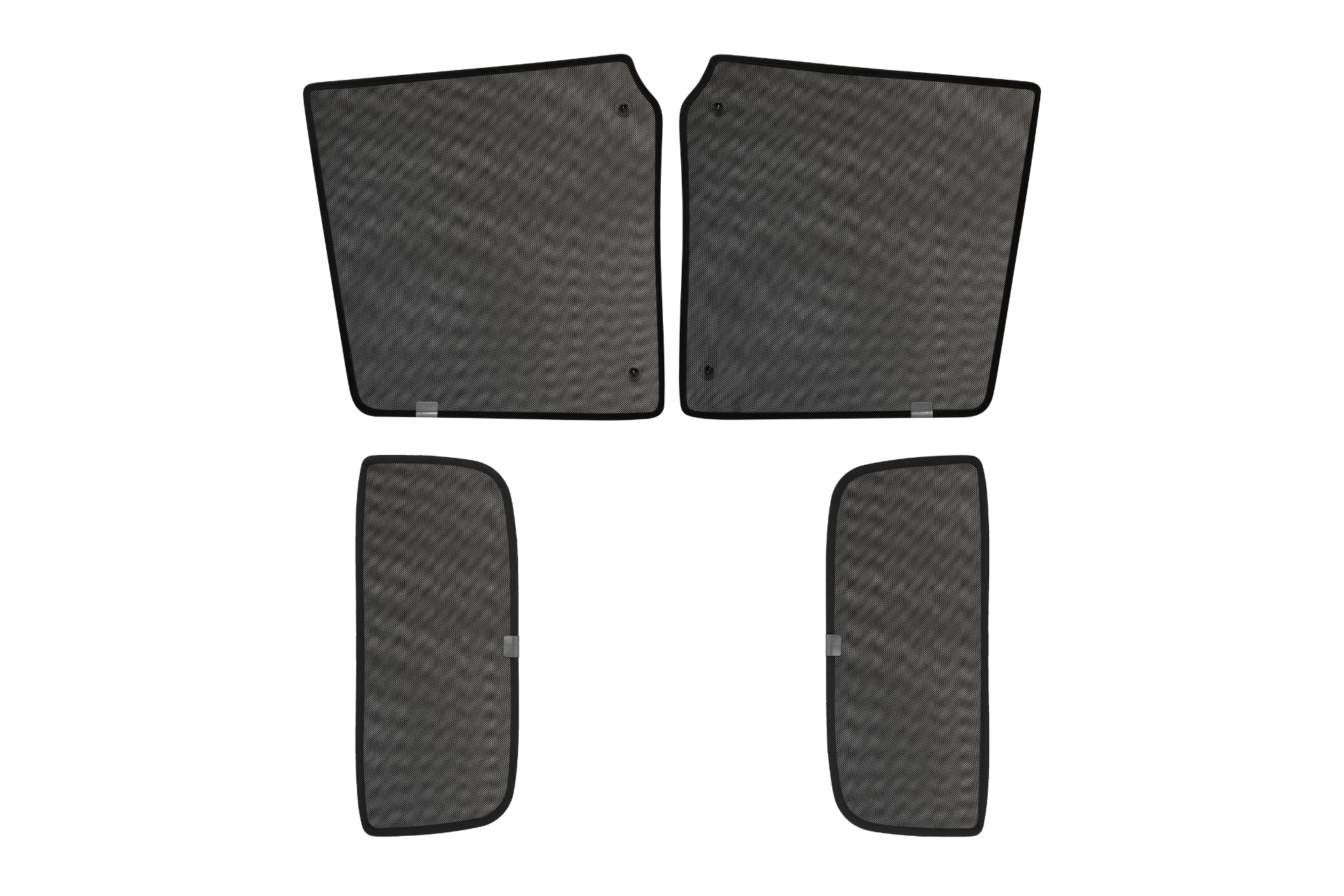 The JOWUA Glass Roof Sunshade for Model X features a set of four black car floor mats, including two larger ones for the front seats and two smaller for the rear, each with a subtle textured pattern designed to efficiently block UV rays and provide heat insulation.