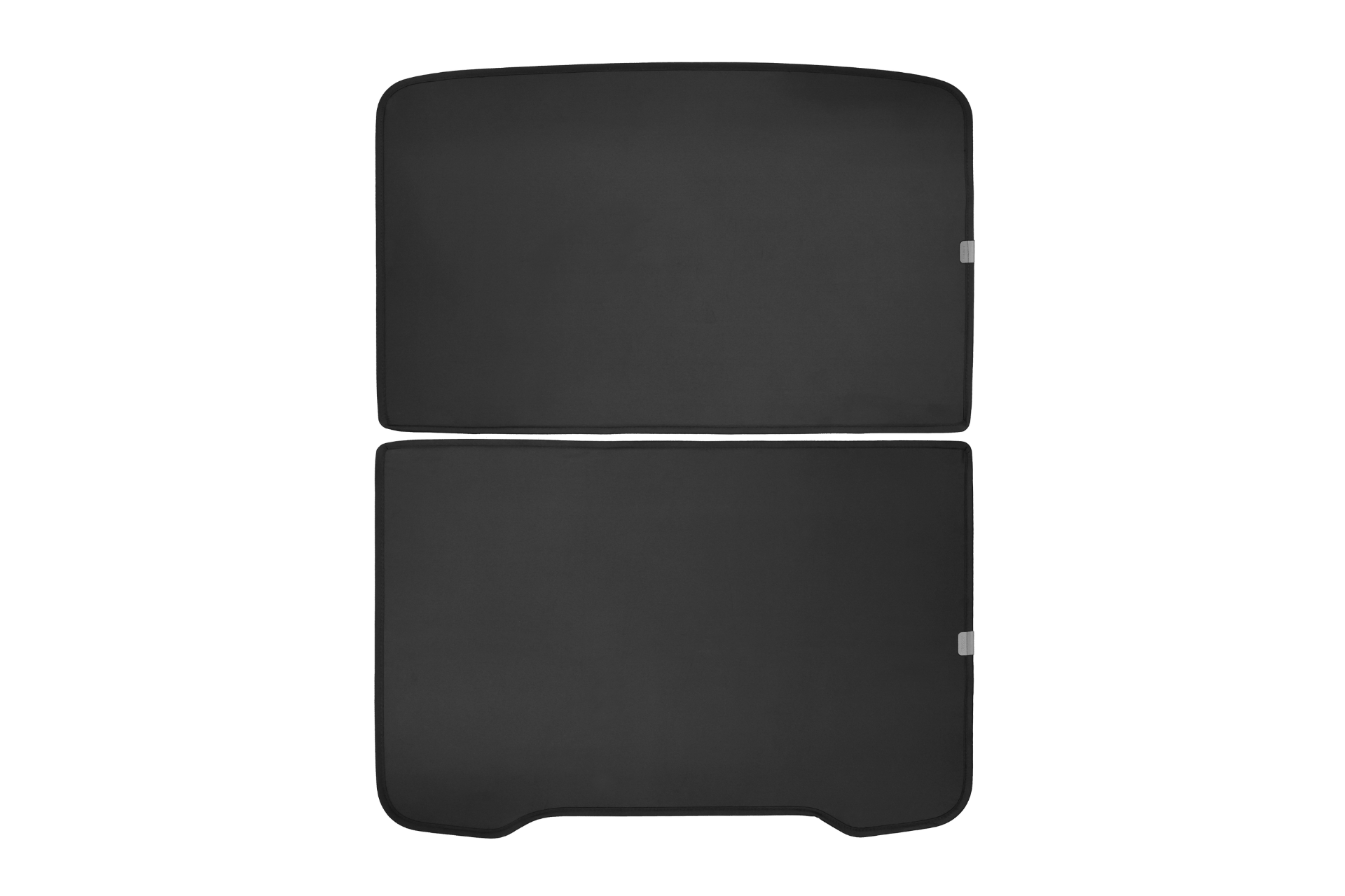 Two rectangular, black JOWUA Model Y (Juniper 2025+) Glass Roof Sunshades with rounded edges are shown side by side on a white background. These panels offer UV protection and help cool your car's interior.